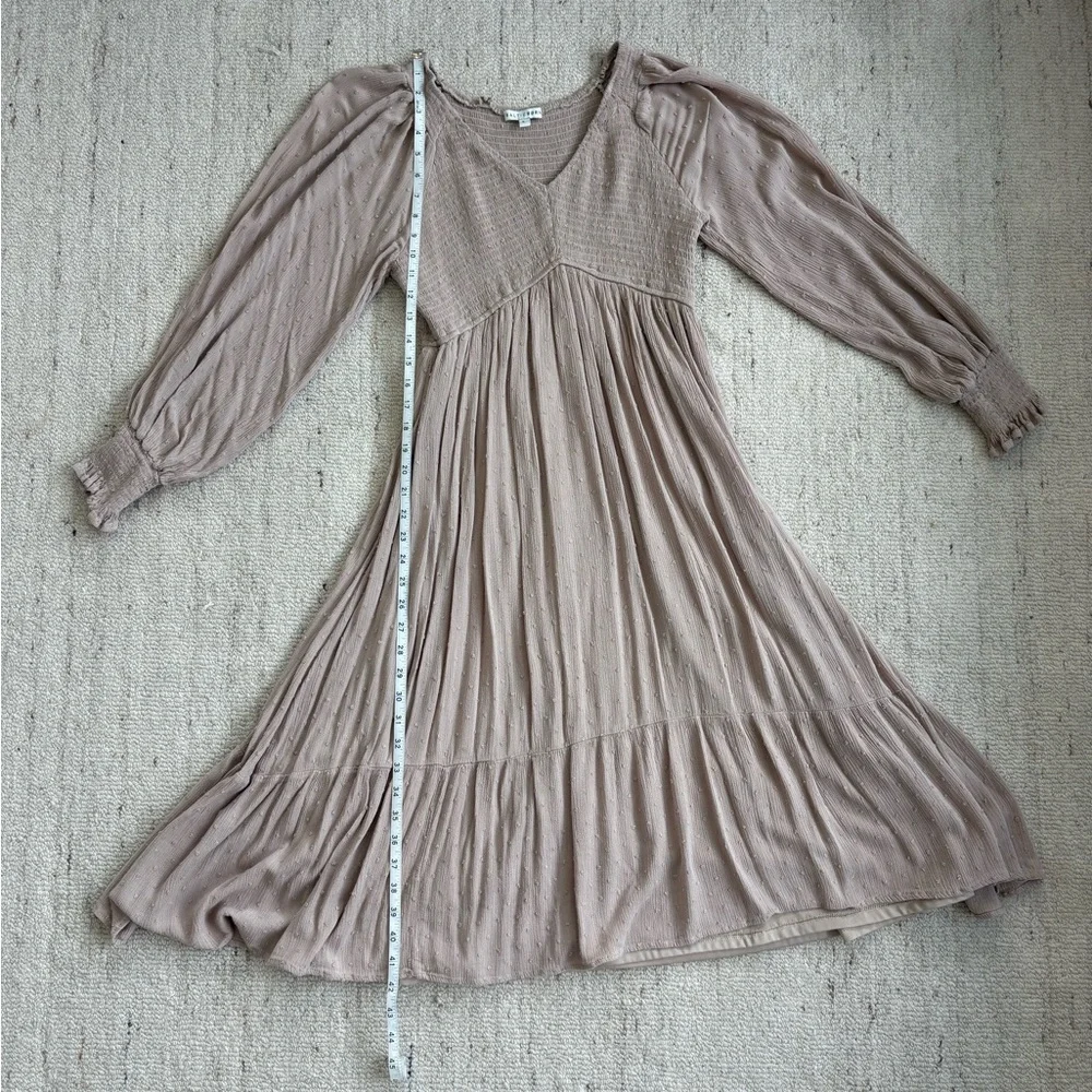 Baltic Born Lainey Smocked Swiss Dot Midi Dress Taupe Boho Long Sleeve Large - Picture 9 of 14